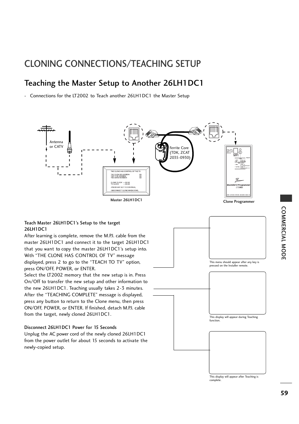 Cloning connections/teaching setup, Teaching the master setup to another 26lh1dc1, Commer cial mode | LG 26LH1DC1 User Manual | Page 59 / 84