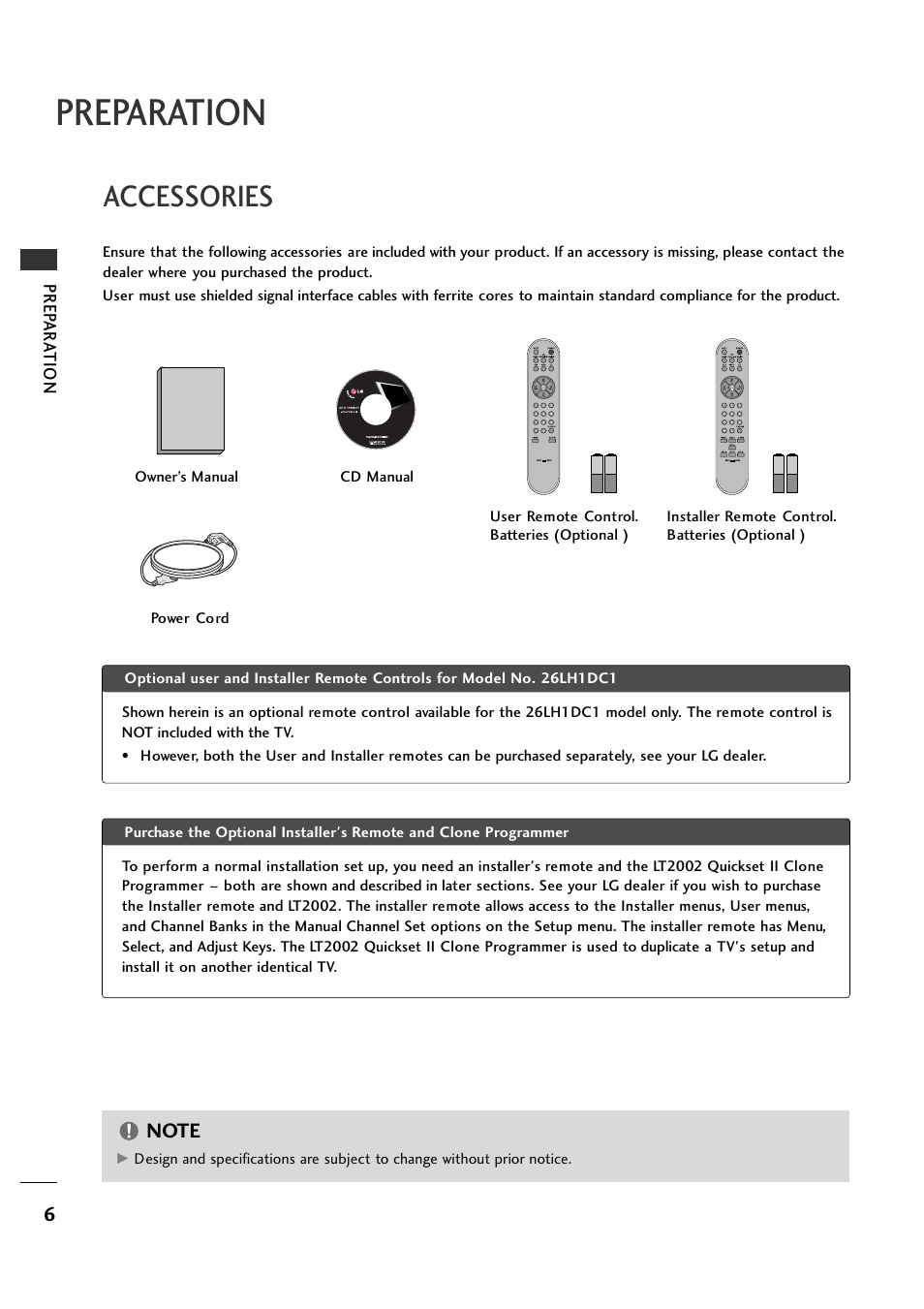 Preparation, Accessories | LG 26LH1DC1 User Manual | Page 6 / 84