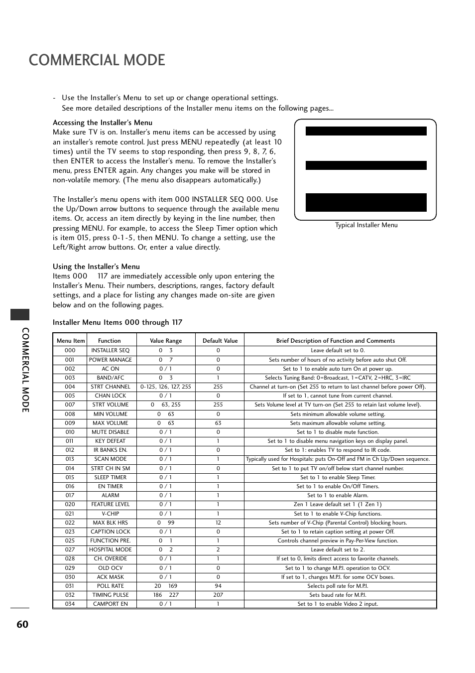Commercial mode, Commer cial mode | LG 26LH1DC1 User Manual | Page 60 / 84