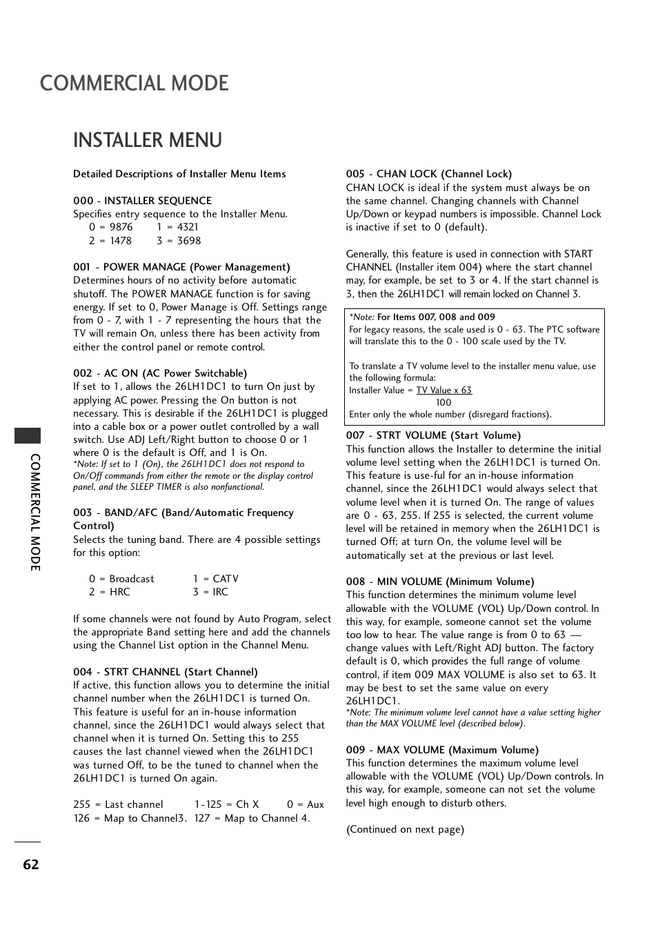 Commercial mode, Installer menu | LG 26LH1DC1 User Manual | Page 62 / 84