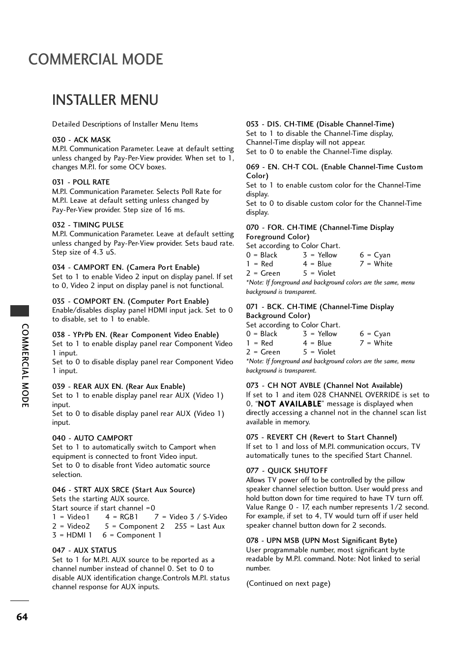 Commercial mode, Installer menu | LG 26LH1DC1 User Manual | Page 64 / 84