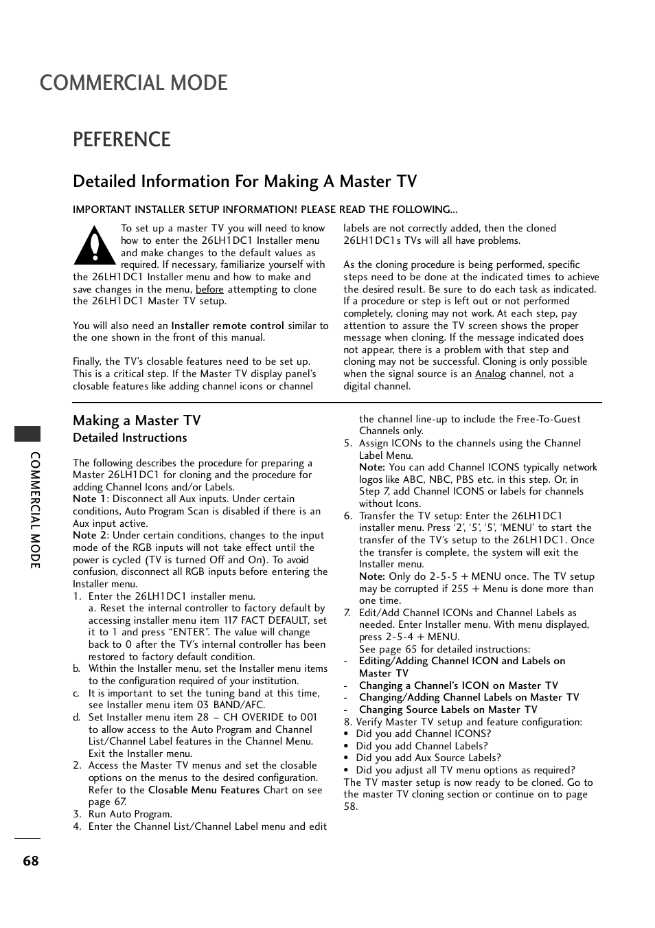 Commercial mode, Peference, Detailed information for making a master tv | Making a master tv | LG 26LH1DC1 User Manual | Page 68 / 84