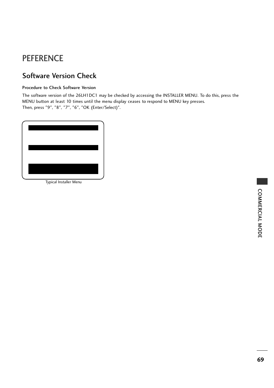 Peference, Software version check, Commer cial mode | LG 26LH1DC1 User Manual | Page 69 / 84