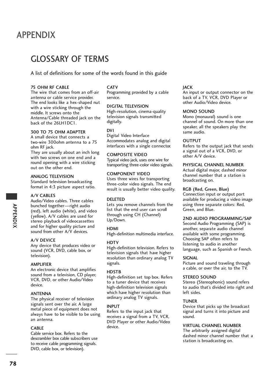 Glossary of terms, Appendix | LG 26LH1DC1 User Manual | Page 78 / 84