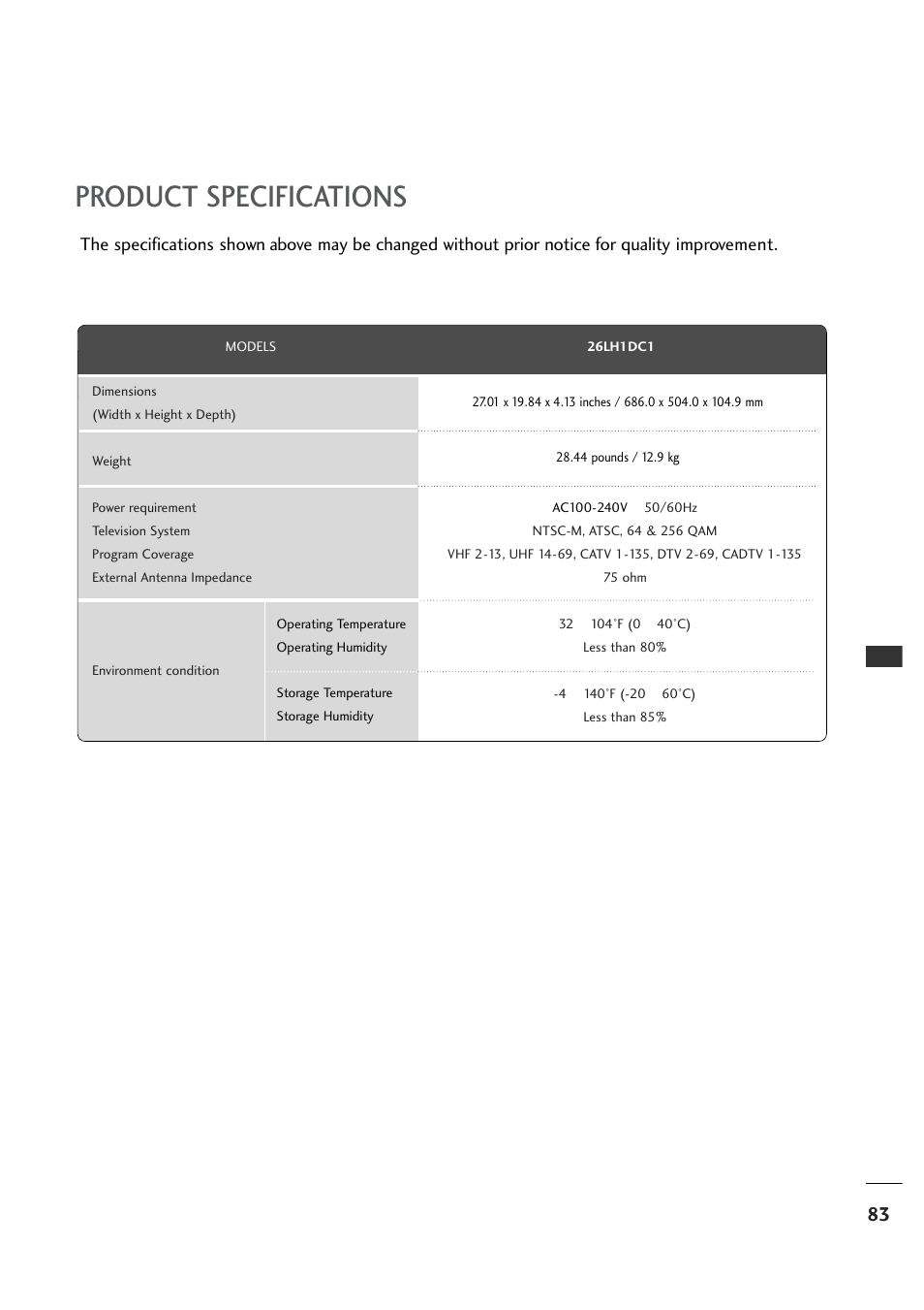Product specifications | LG 26LH1DC1 User Manual | Page 83 / 84