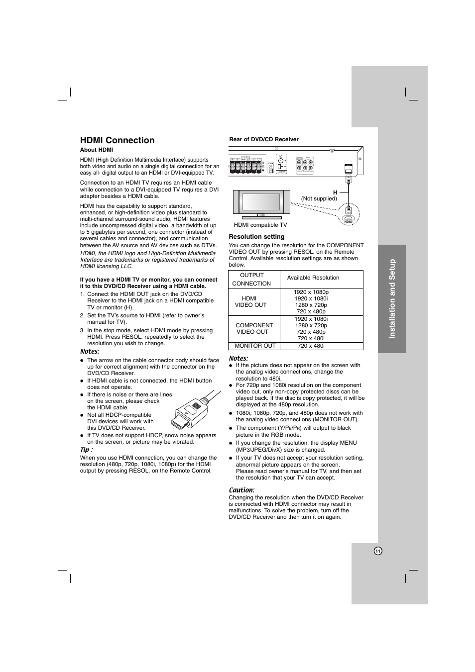 Hdmi connection, Installation and setup, Hdmi out | LG SH72PZ-F User Manual | Page 11 / 28