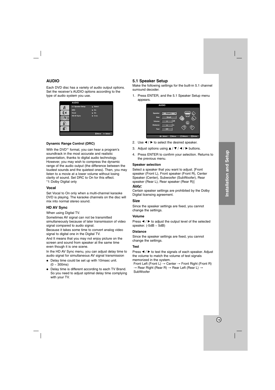 Installation and setup, Audio, 1 speaker setup | Vocal, Hd av sync, Size | LG SH72PZ-F User Manual | Page 13 / 28