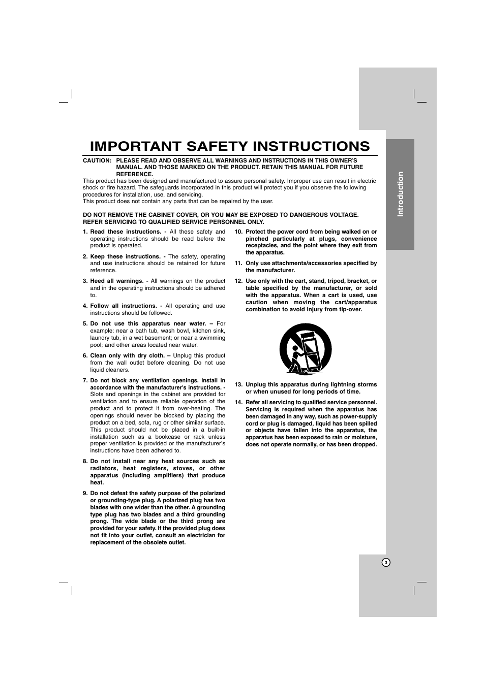 Important safety instructions, Introduction | LG SH72PZ-F User Manual | Page 3 / 28