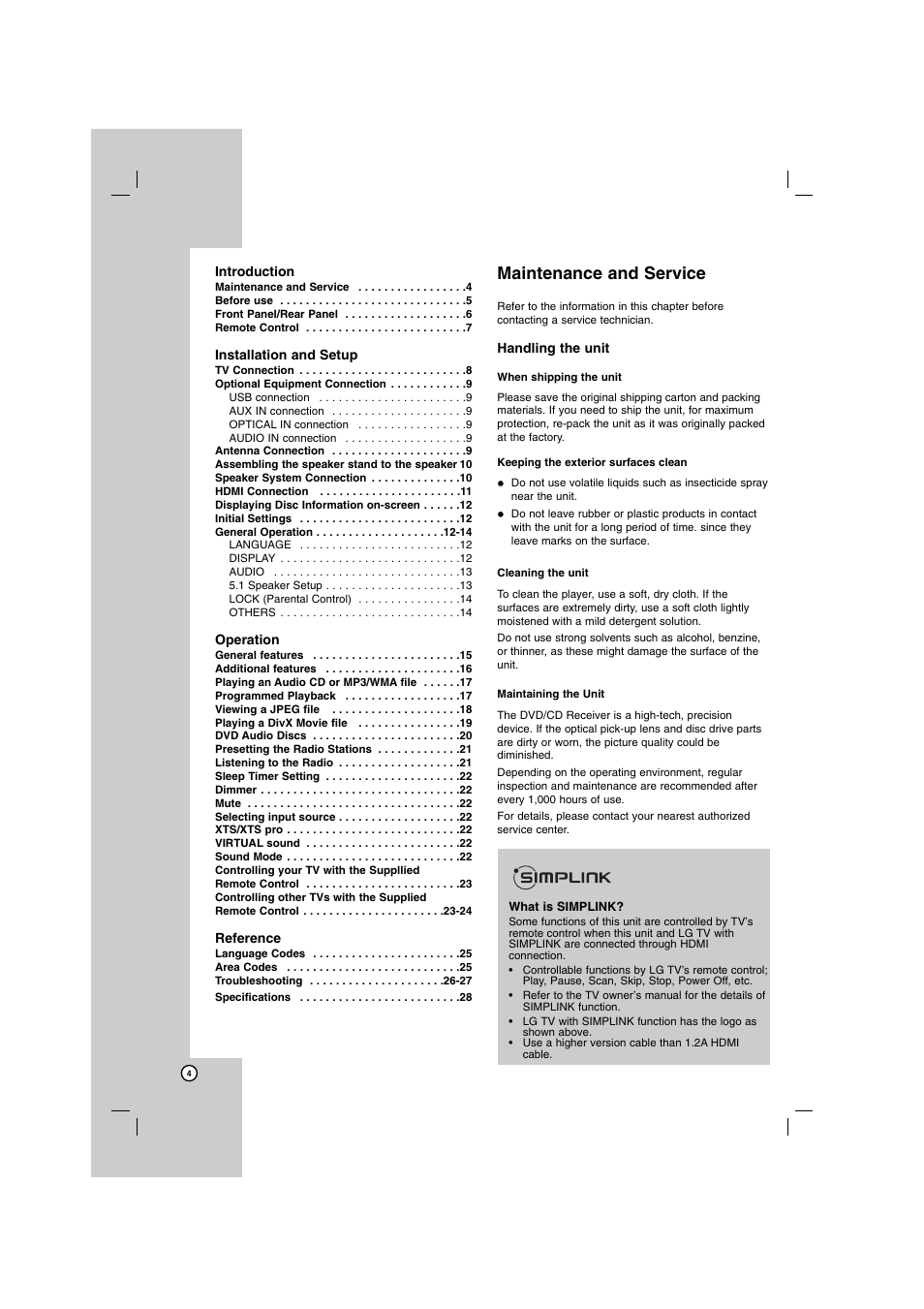 Maintenance and service | LG SH72PZ-F User Manual | Page 4 / 28