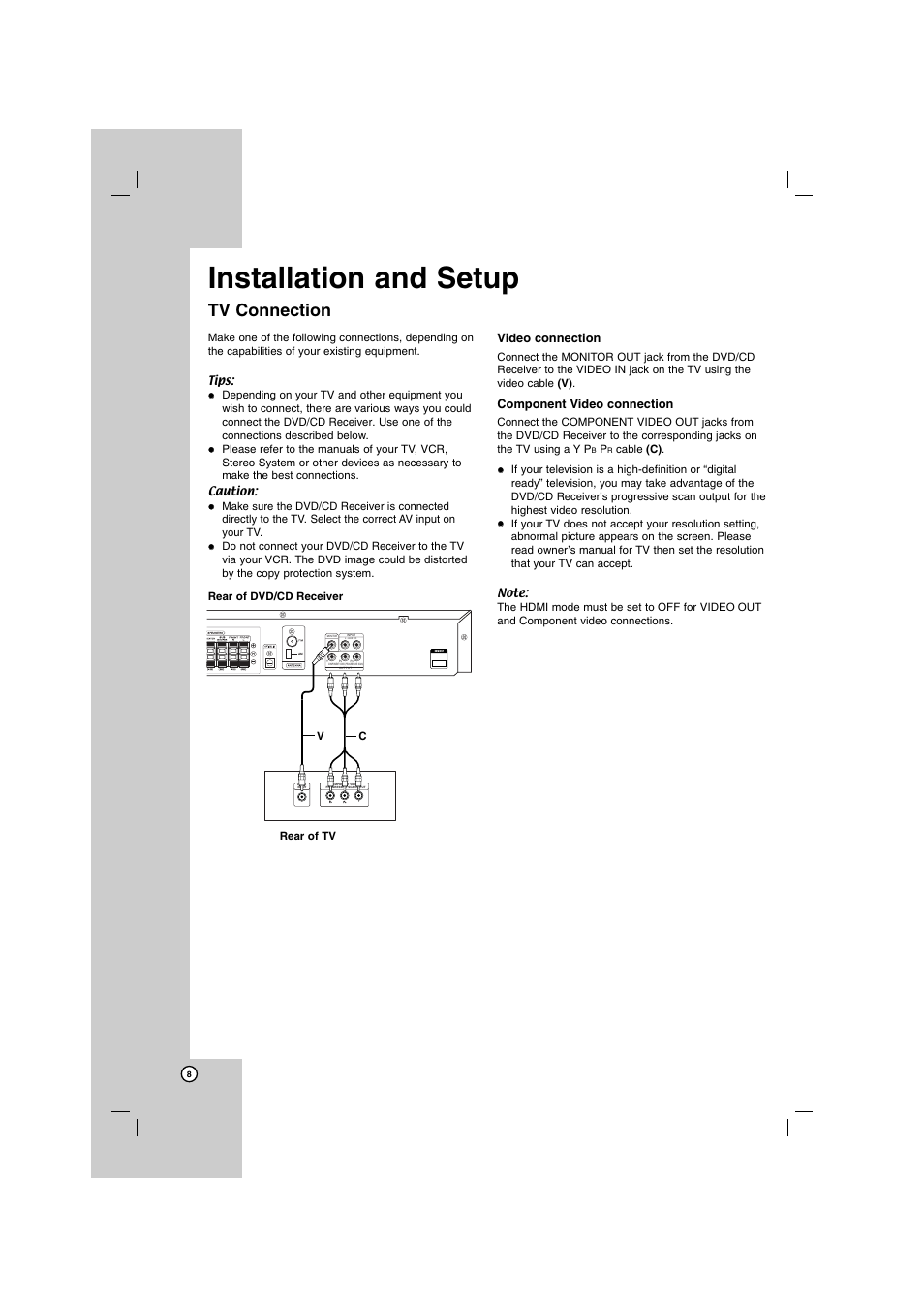 Installation and setup, Tv connection, Hdmi out | Video connection, Component video connection | LG SH72PZ-F User Manual | Page 8 / 28