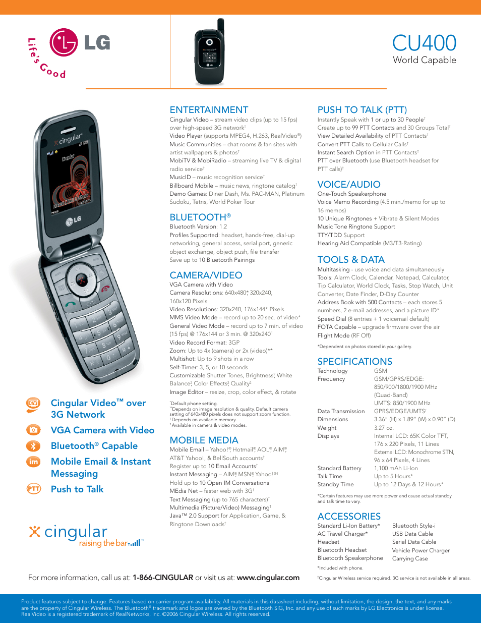 Cu400, World capable, Entertainment | Bluetooth, Camera/video, Mobile media, Push to talk (ptt), Voice/audio, Tools & data, Specifications | LG CU400 User Manual | Page 2 / 2