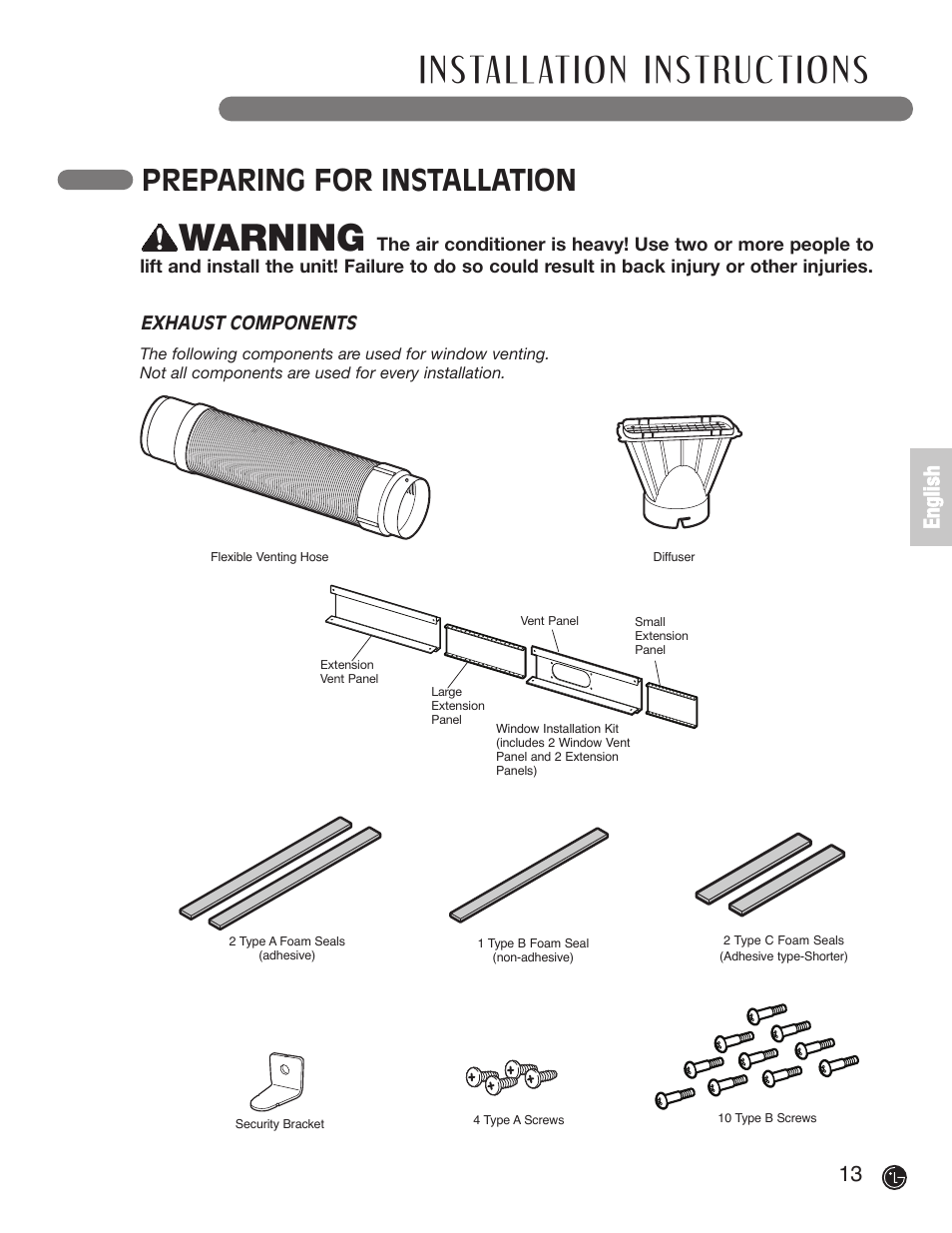 Warning, Preparing for installation, 13 e n g li s h | LG LP 1200DXR User Manual | Page 13 / 26