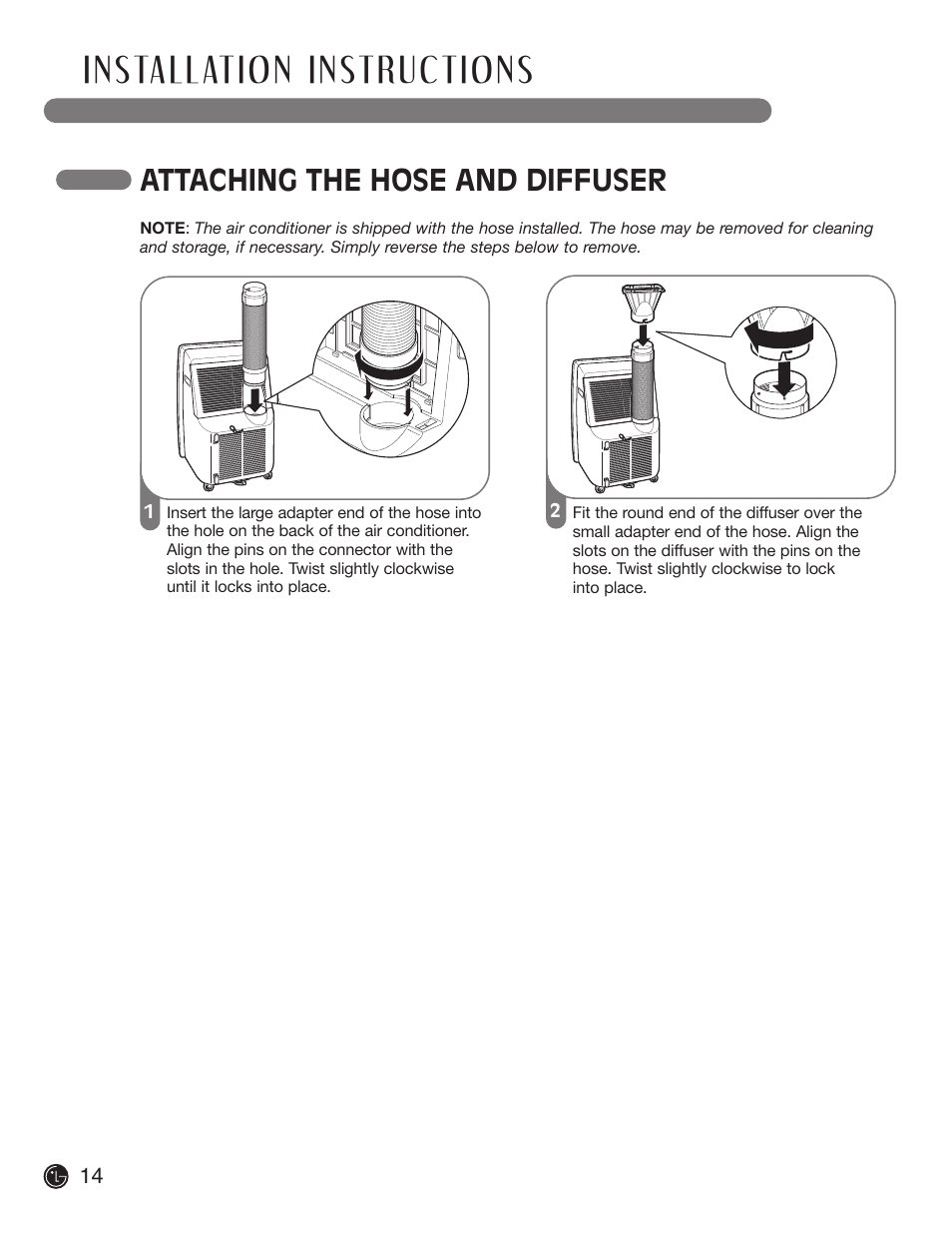 Attaching the hose and diffuser | LG LP 1200DXR User Manual | Page 14 / 26