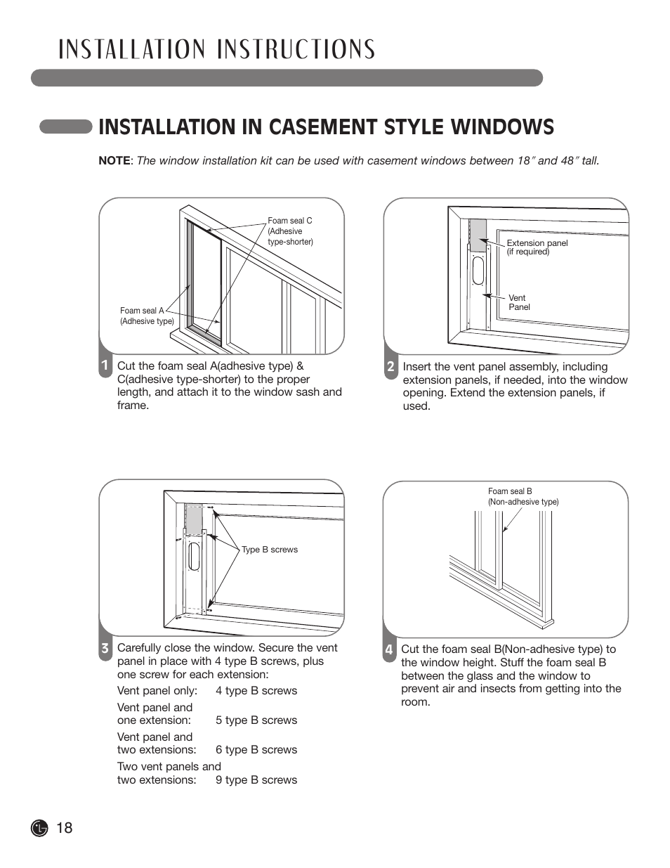 Installation in casement style windows | LG LP 1200DXR User Manual | Page 18 / 26