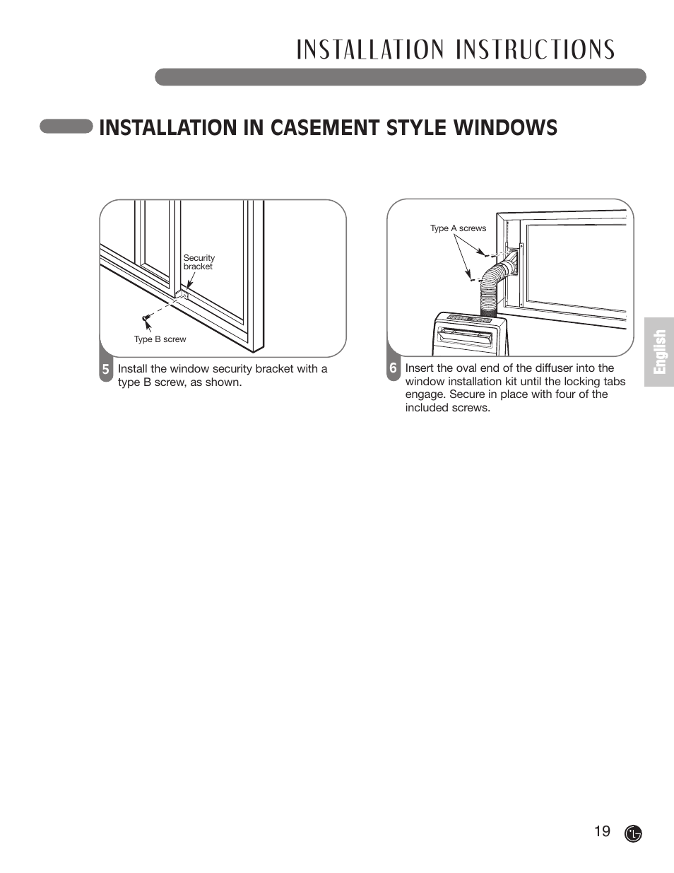 Installation in casement style windows | LG LP 1200DXR User Manual | Page 19 / 26