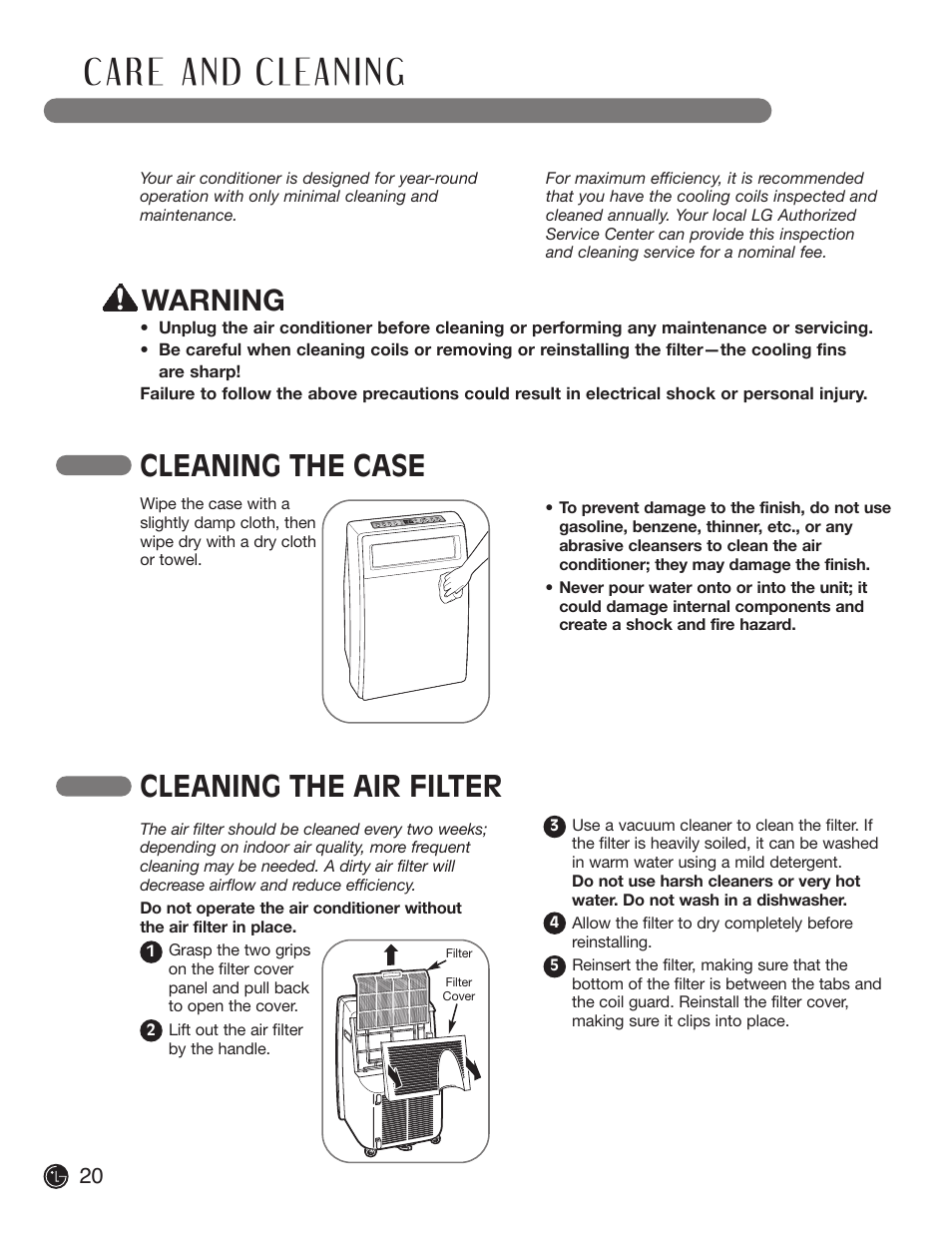 Cleaning the case, Cleaning the air filter, Warning | LG LP 1200DXR User Manual | Page 20 / 26