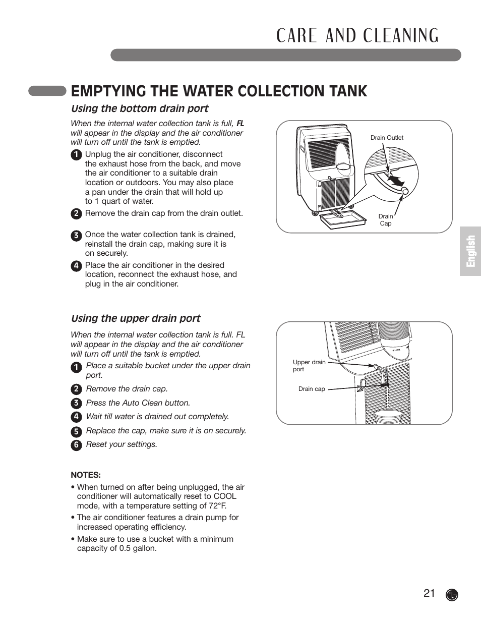 Emptying the water collection tank, 21 e n g li s h | LG LP 1200DXR User Manual | Page 21 / 26