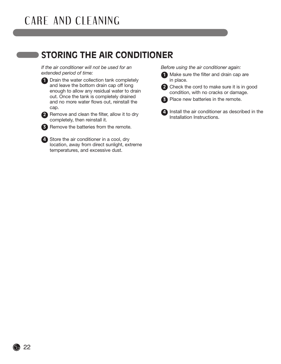 Storing the air conditioner | LG LP 1200DXR User Manual | Page 22 / 26