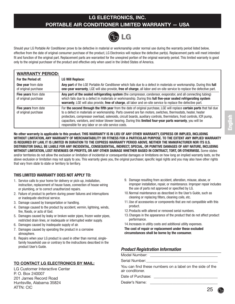 25 e n g li s h | LG LP 1200DXR User Manual | Page 25 / 26