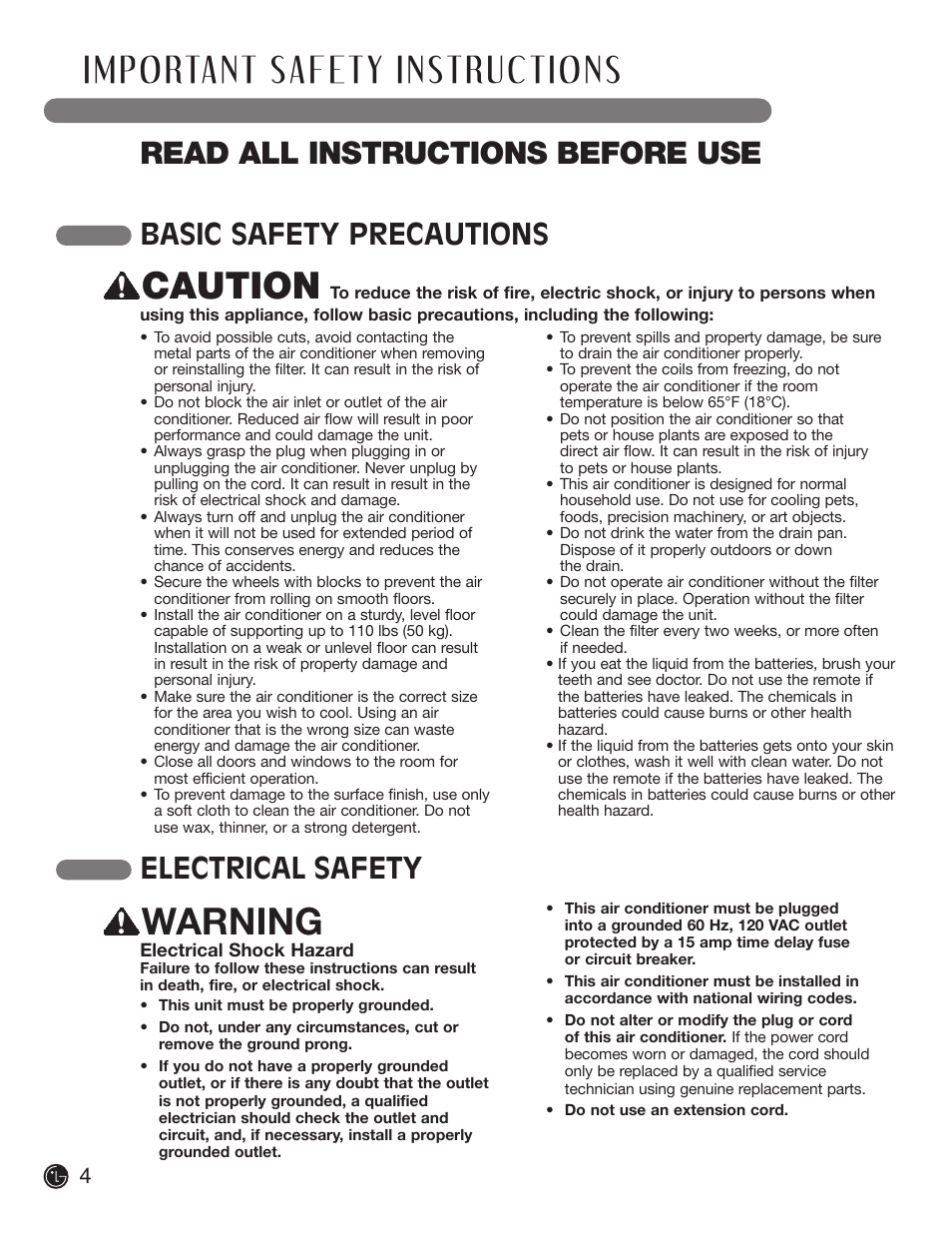 Caution, Warning, Read all instructions before use | Basic safety precautions, Electrical safety | LG LP 1200DXR User Manual | Page 4 / 26