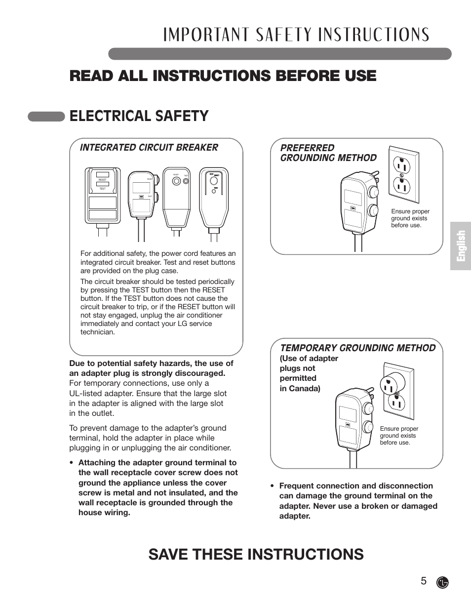 Read all instructions before use, Save­these­instructions, Electrical safety | 5e n g li s h | LG LP 1200DXR User Manual | Page 5 / 26