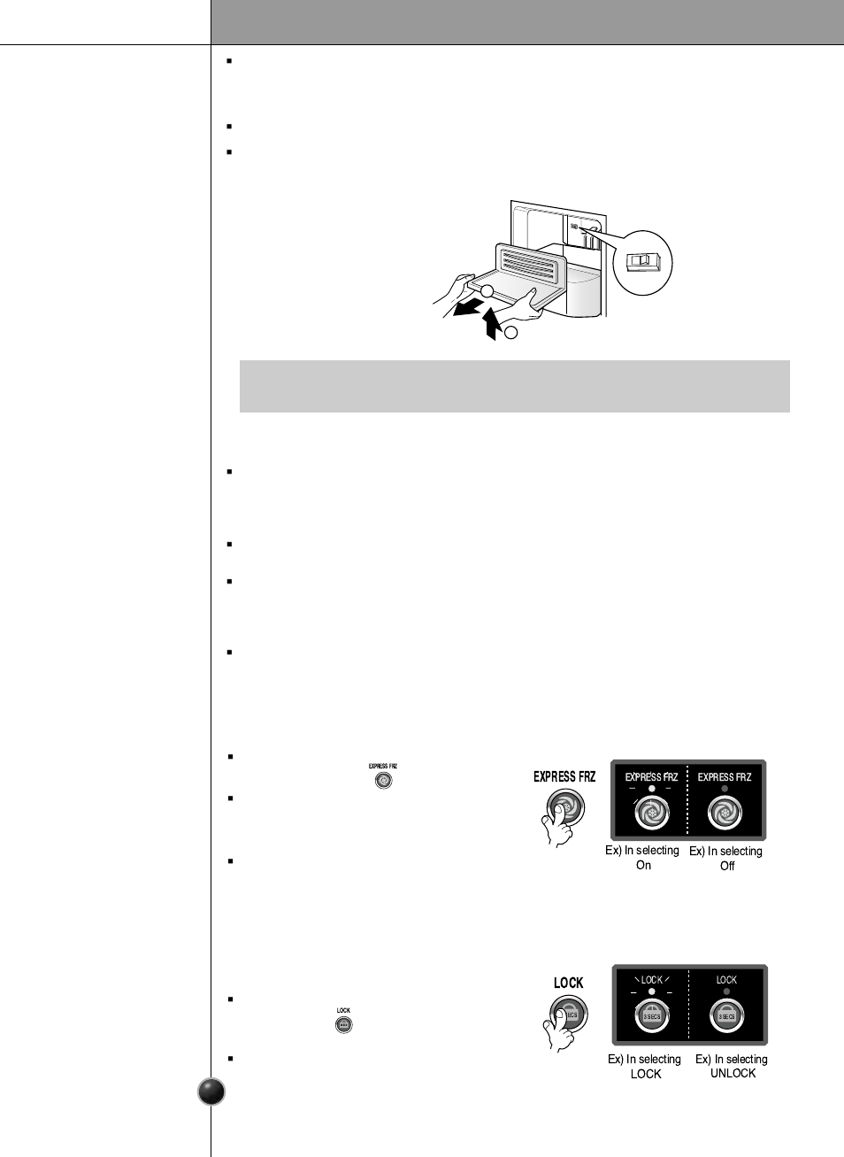 Operation, Express freezer, Lock | Automatic icemaker, When ice maker does not operate smoothly, Please select this function for prompt freezer | LG LSC26905 User Manual | Page 15 / 56