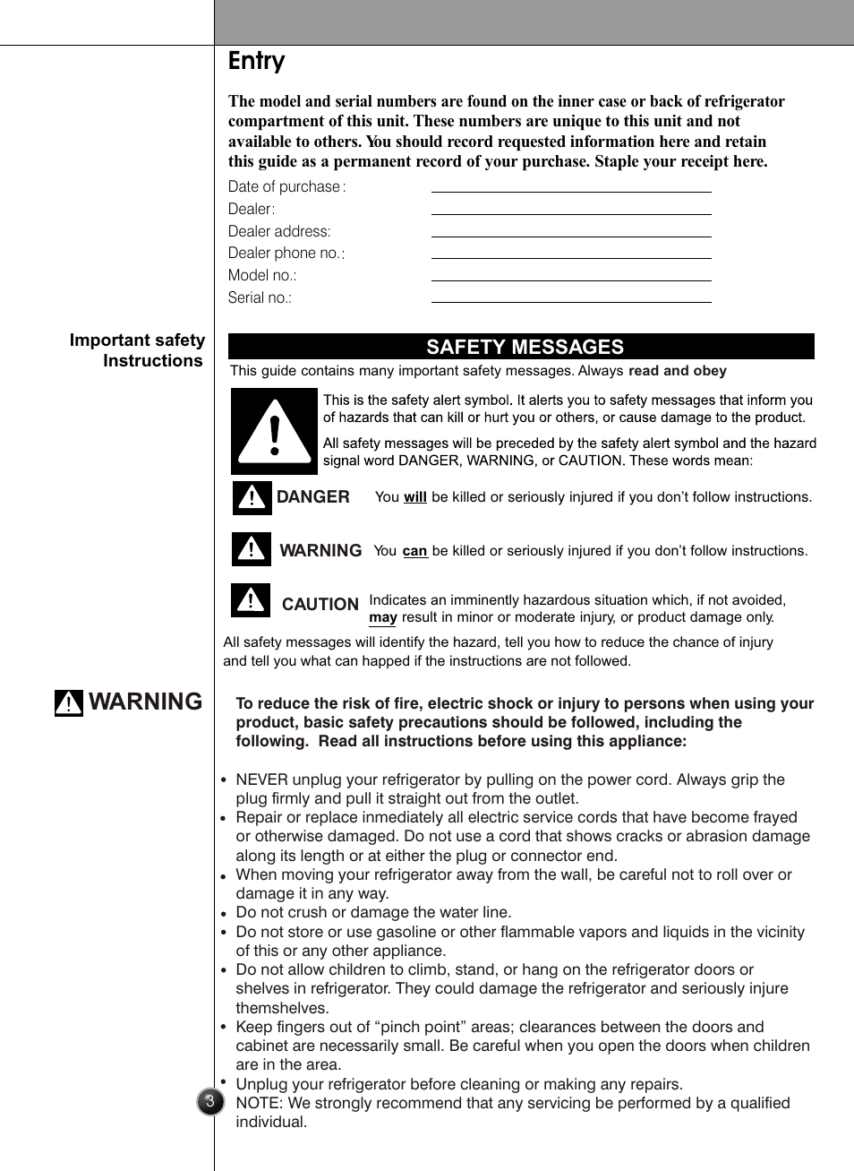 Entry, Warning, Introduction | Safety messages | LG LSC26905 User Manual | Page 3 / 56