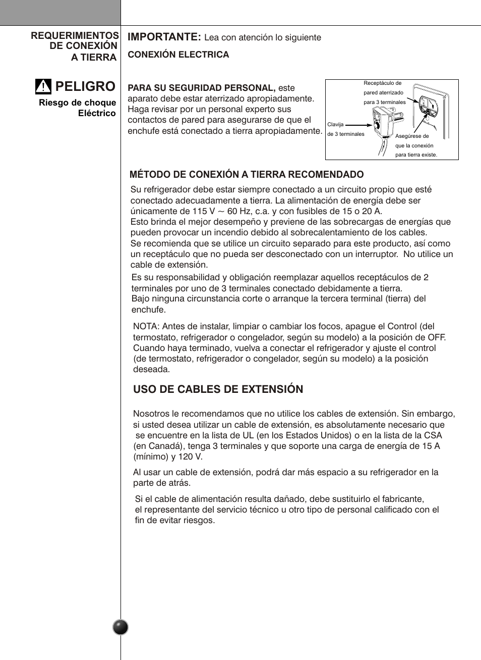 Peligro, Introducción, Importante | Uso de cables de extensión | LG LSC26905 User Manual | Page 32 / 56