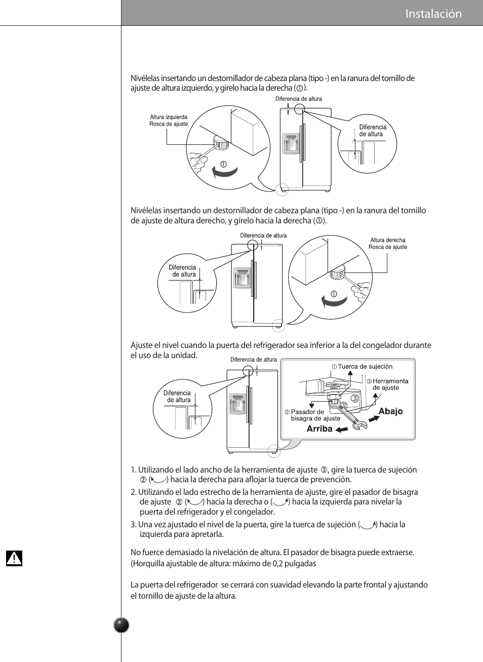 Ajuste de altura, Precaución, Instalación | LG LSC26905 User Manual | Page 39 / 56