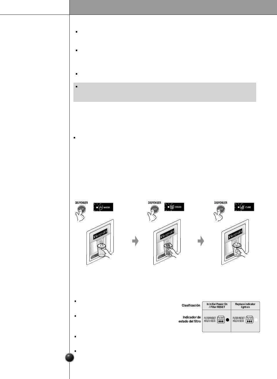 Funcionamiento, Funcionamiento del suministrador, Suministro de agua fría y hielo | Otras funciones, Aviso de puerta abierta, Función de diagnóstico (detección de errores) | LG LSC26905 User Manual | Page 43 / 56