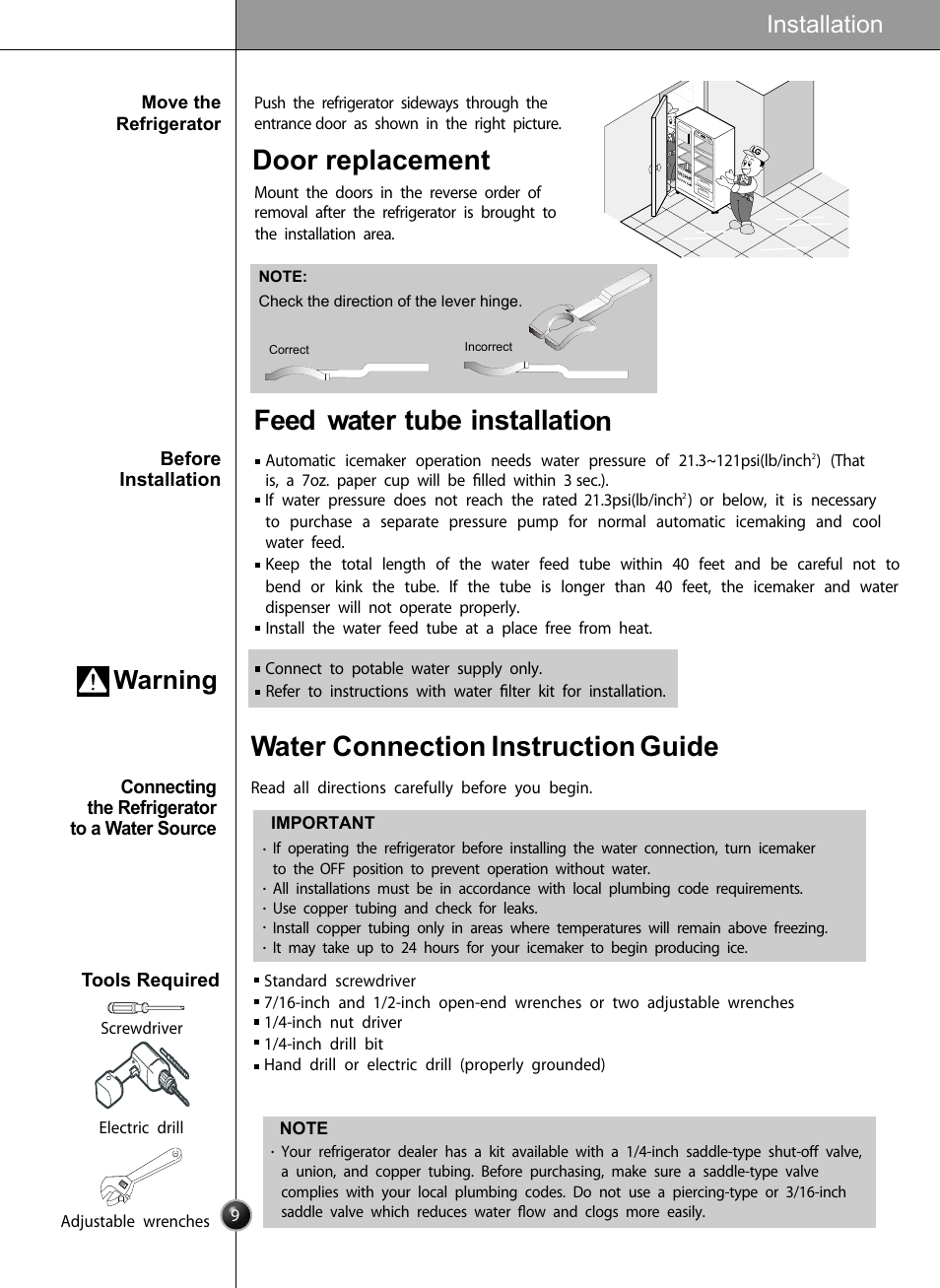 Feed water tube installation, Water connection instruction guide, Door replacement | Warning, Installation | LG LSC26905 User Manual | Page 9 / 56