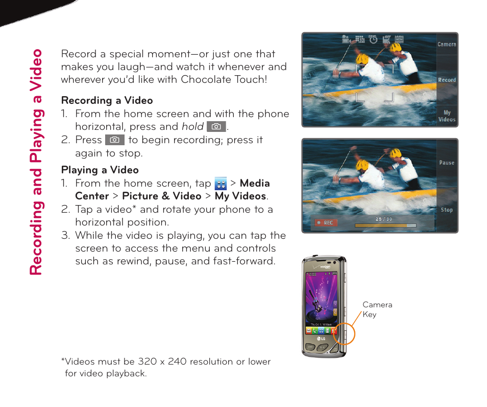 Rec or di ng a nd p la yi ng a v id eo | LG Chocolate Touch User Manual | Page 12 / 14