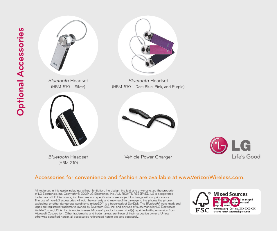 Opt io na l a cc es so ri es | LG Chocolate Touch User Manual | Page 14 / 14