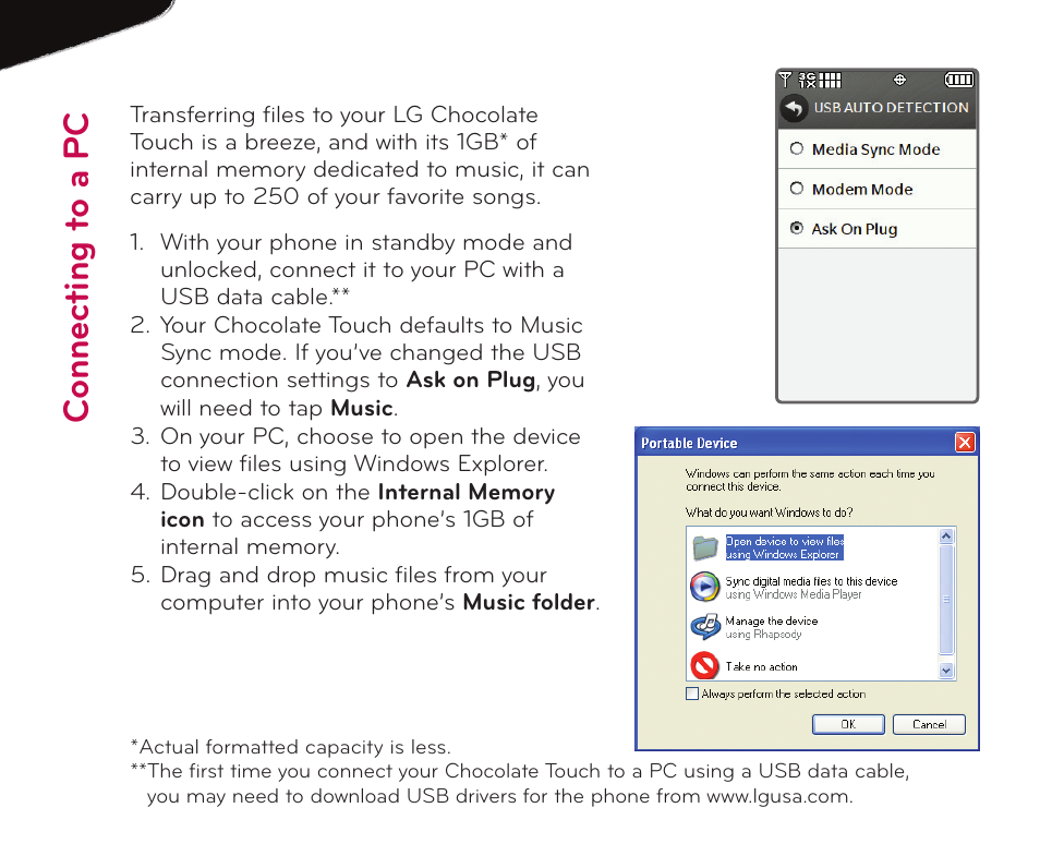 Con ne ct in g to a p c | LG Chocolate Touch User Manual | Page 3 / 14