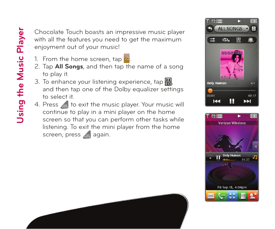 Usi ng t he m us ic p la ye r | LG Chocolate Touch User Manual | Page 5 / 14