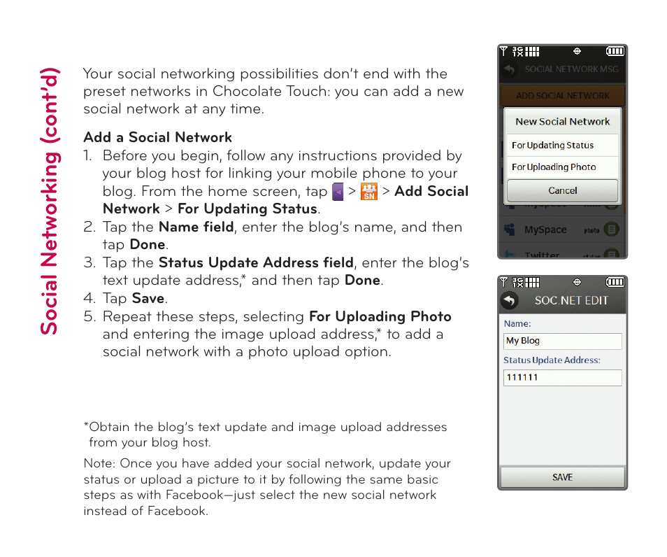Soc ia l n et w or ki ng ( co nt ’d ) | LG Chocolate Touch User Manual | Page 8 / 14