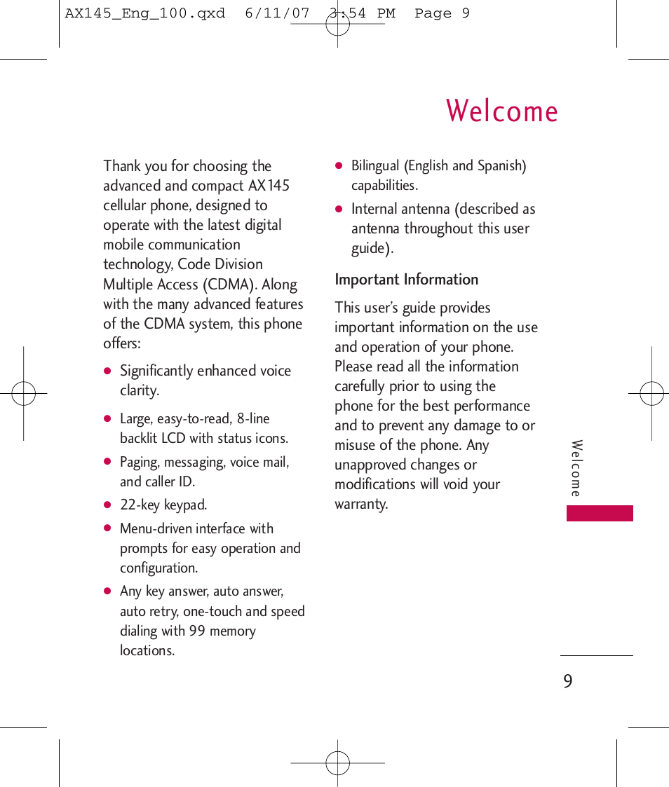 Welcome | LG AX 145 User Manual | Page 11 / 95