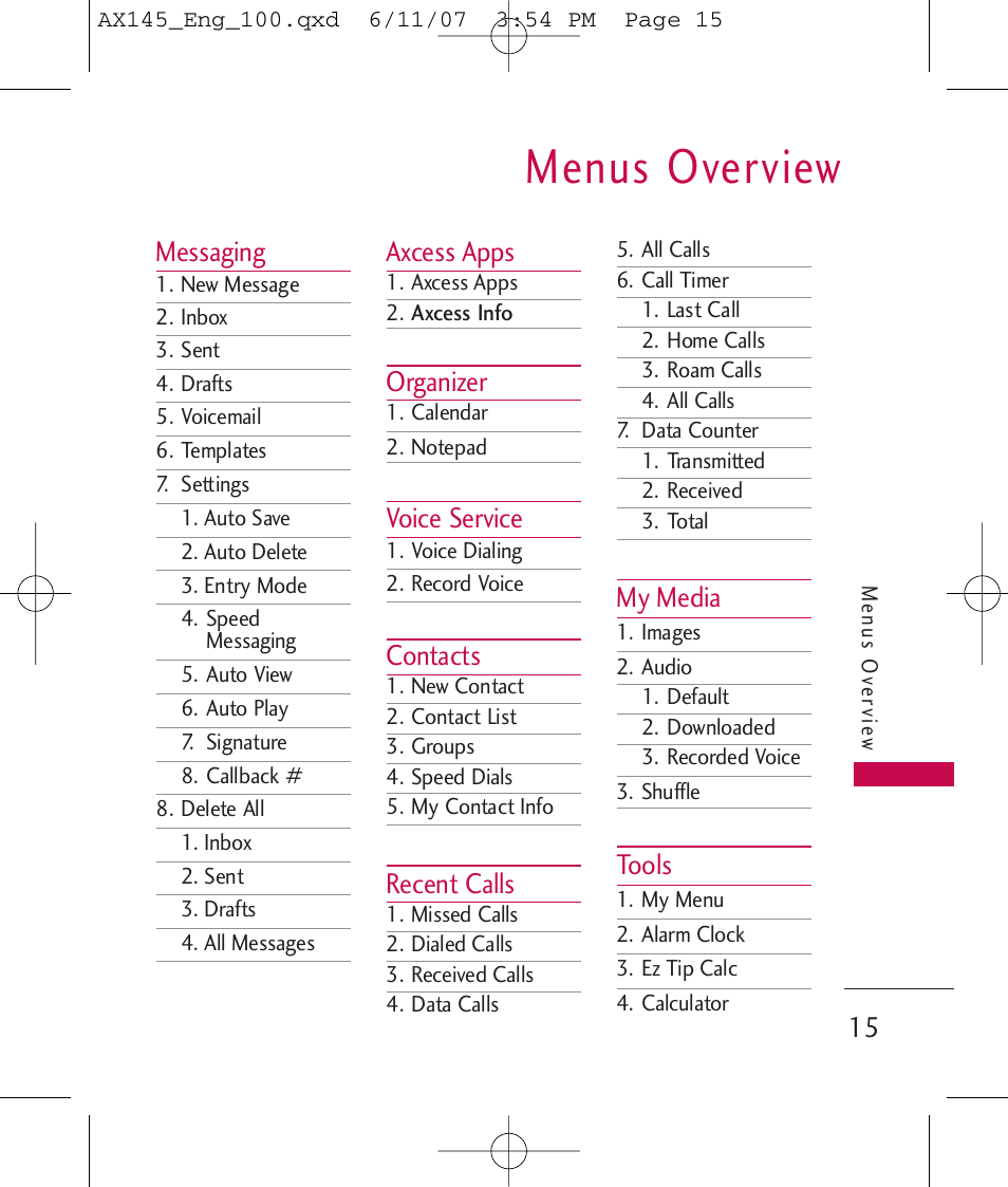 Menus overview, Messaging, Axcess apps | Organizer, Voice service, Contacts, Recent calls, My media, Tools | LG AX 145 User Manual | Page 17 / 95