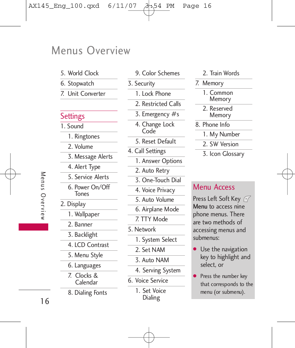 Menus overview, Settings, Menu access | LG AX 145 User Manual | Page 18 / 95