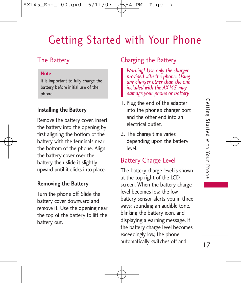 Getting started with your phone, The battery, Charging the battery | Battery charge level | LG AX 145 User Manual | Page 19 / 95