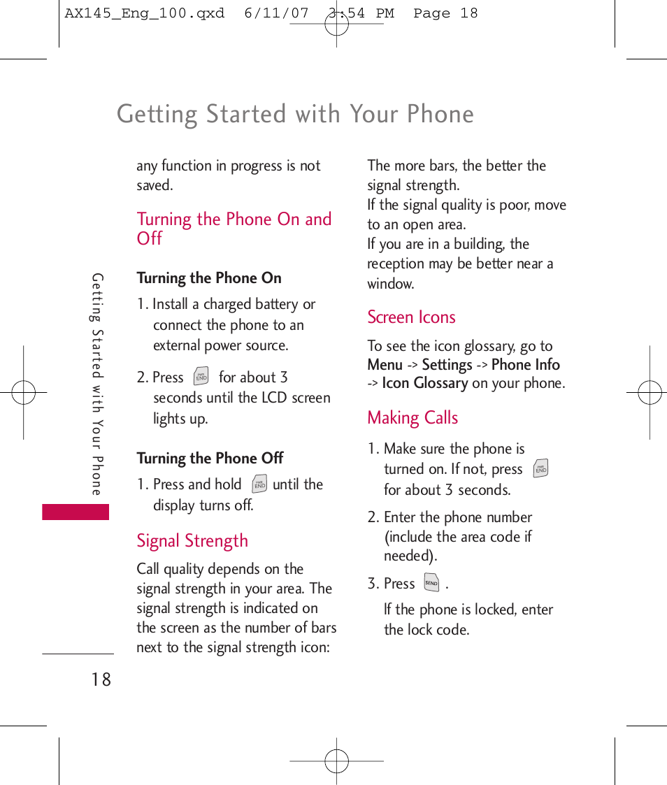 Getting started with your phone, Turning the phone on and off, Signal strength | Screen icons, Making calls | LG AX 145 User Manual | Page 20 / 95