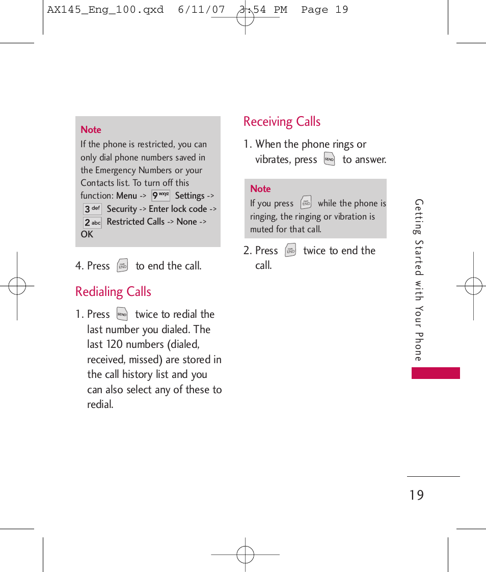 Redialing calls, Receiving calls | LG AX 145 User Manual | Page 21 / 95