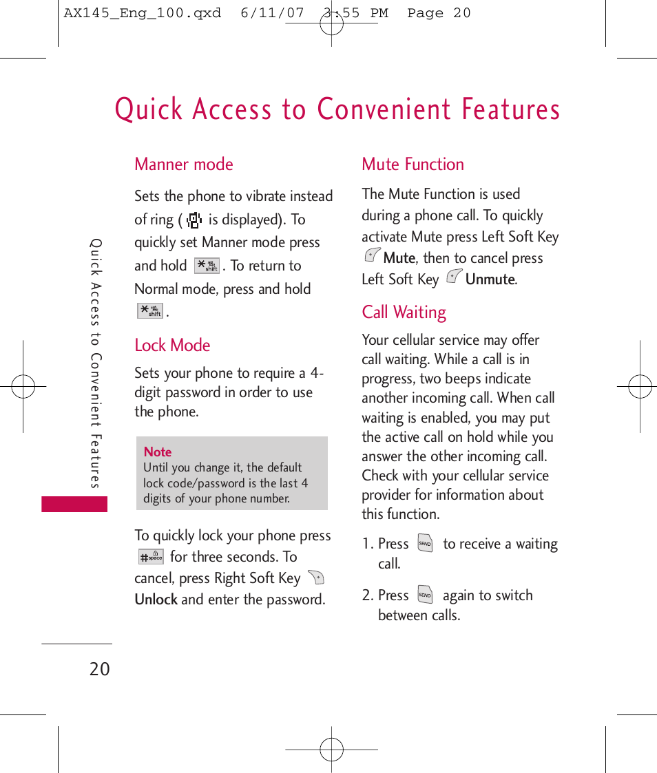 Quick access to convenient features, Manner mode, Lock mode | Mute function, Call waiting | LG AX 145 User Manual | Page 22 / 95