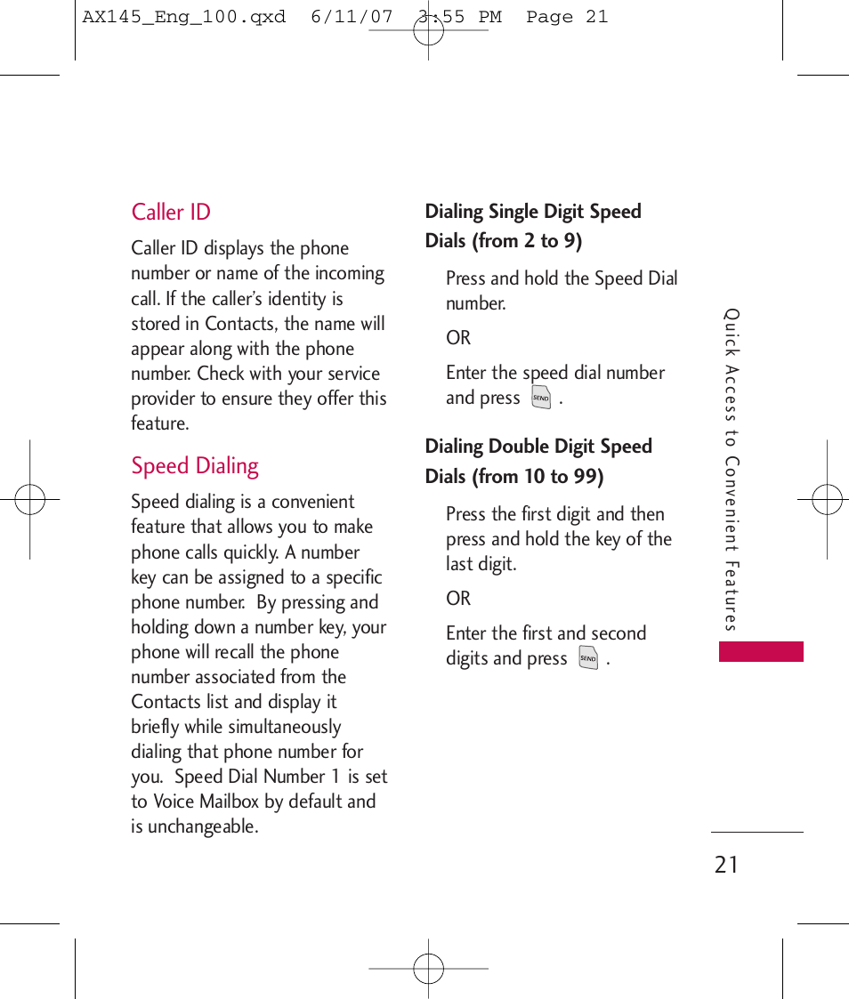 Caller id, Speed dialing | LG AX 145 User Manual | Page 23 / 95