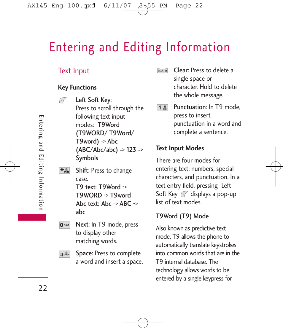 Entering and editing information, Text input | LG AX 145 User Manual | Page 24 / 95