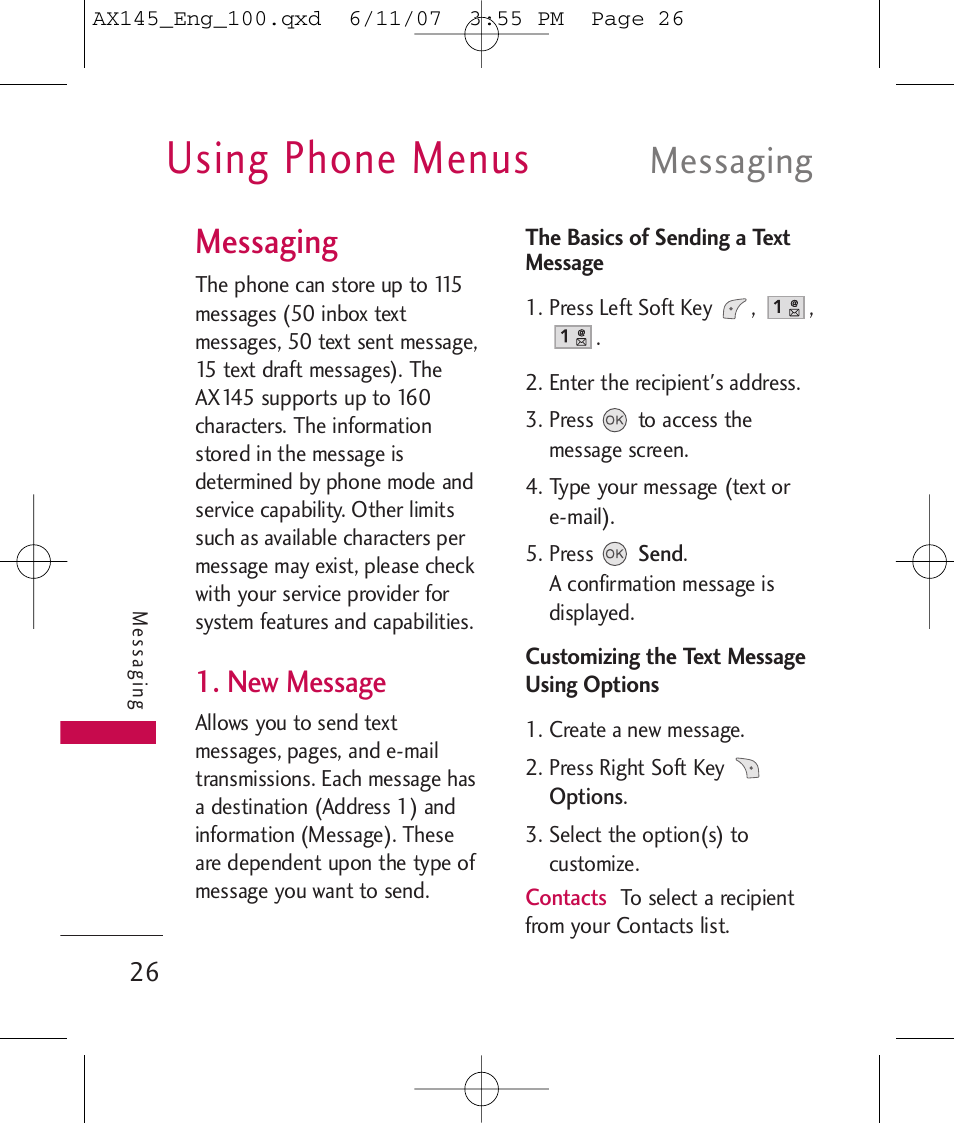 Using phone menus, Messaging, New message | LG AX 145 User Manual | Page 28 / 95