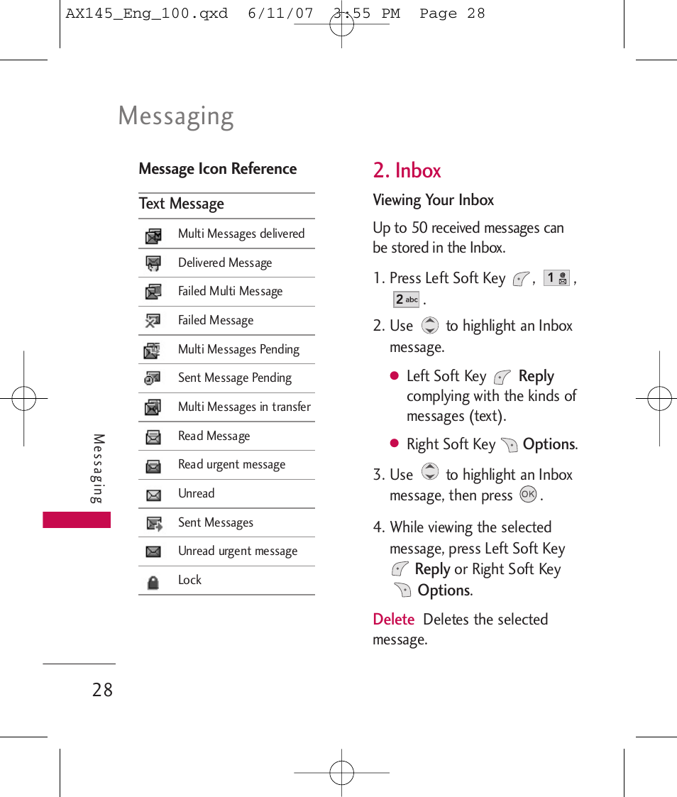 Messaging, Inbox | LG AX 145 User Manual | Page 30 / 95