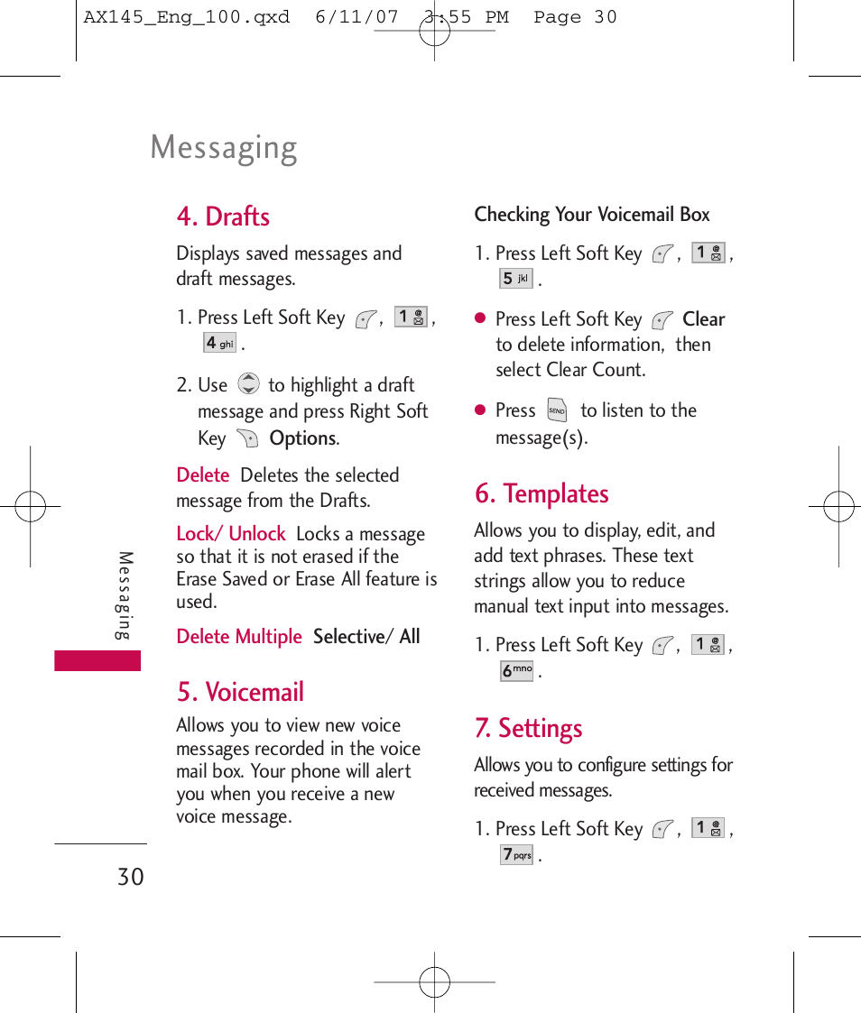 Messaging, Drafts, Voicemail | Templates, Settings | LG AX 145 User Manual | Page 32 / 95