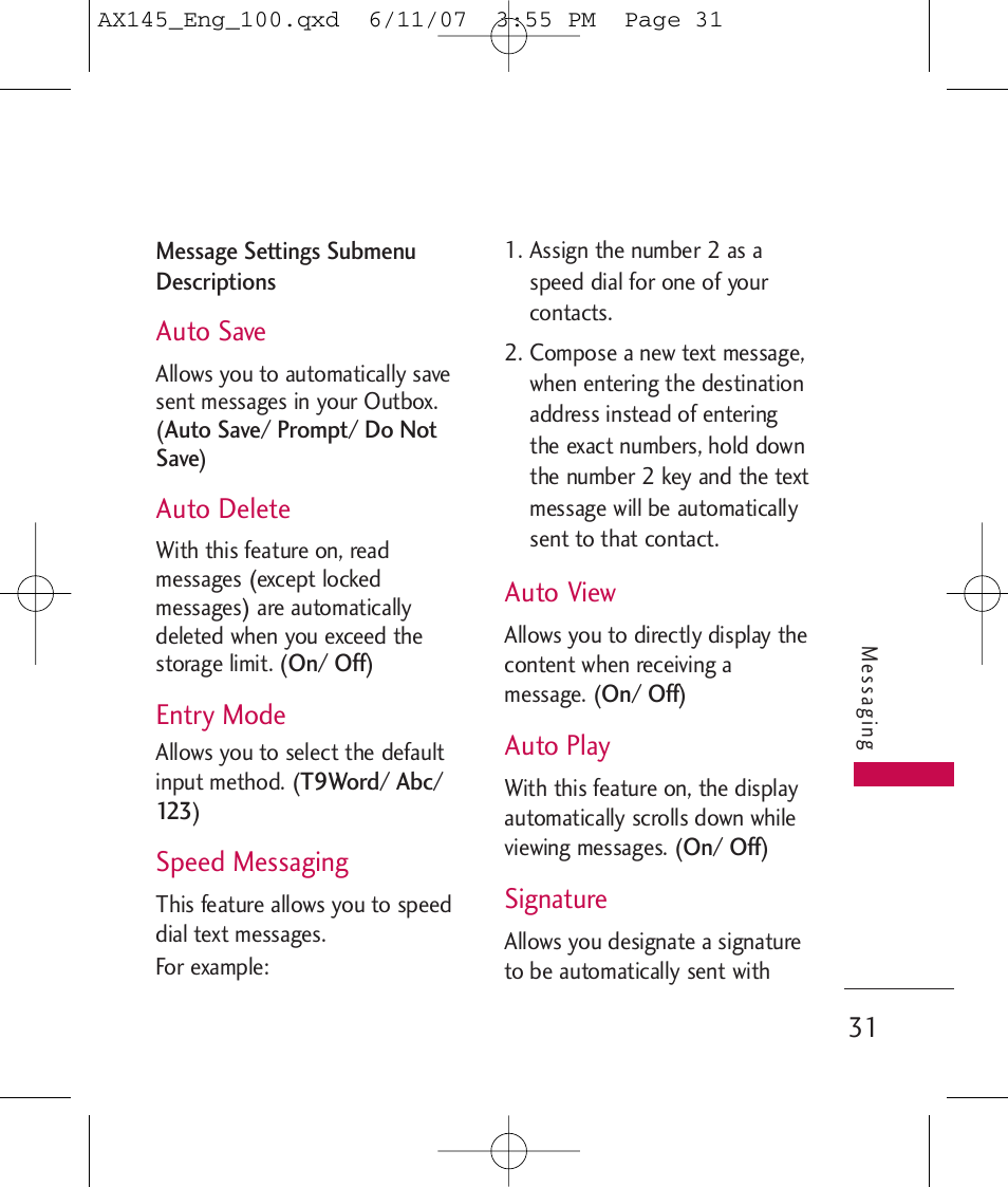 Auto save, Auto delete, Entry mode | Speed messaging, Auto view, Auto play, Signature | LG AX 145 User Manual | Page 33 / 95