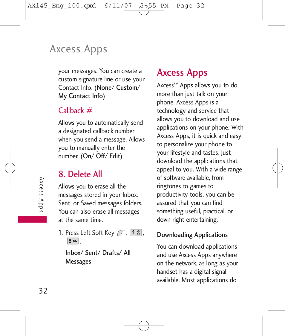 Axcess apps, Delete all, Callback | LG AX 145 User Manual | Page 34 / 95